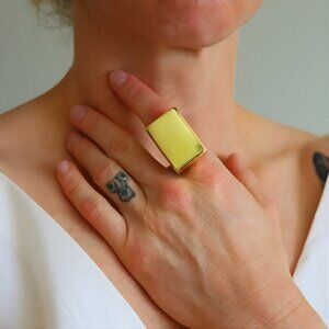 Baltic Butterscotch Lime Amber Statement Ring - 14k Gold Plated Sterling Silver
